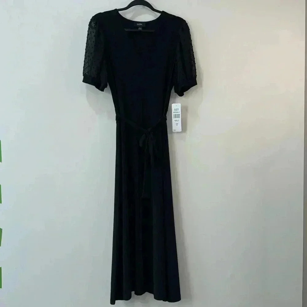 MSK Puff-Sleeve Belted Midi Dress Size M